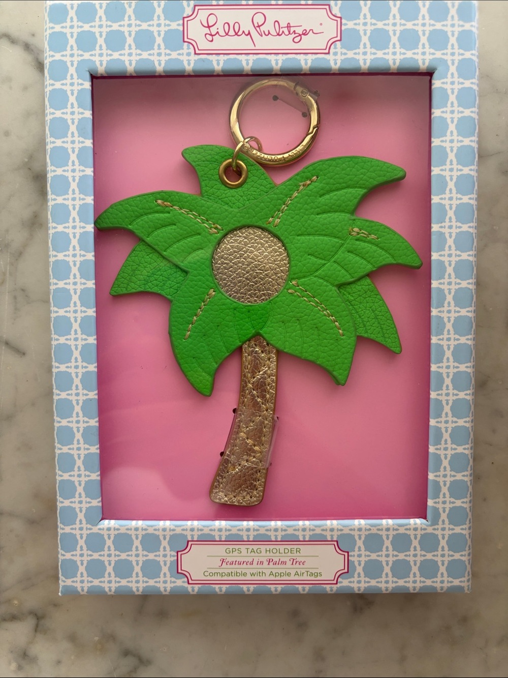 Lilly Pulitzer Green Palm Tree AirTag Holder with Gold Accents